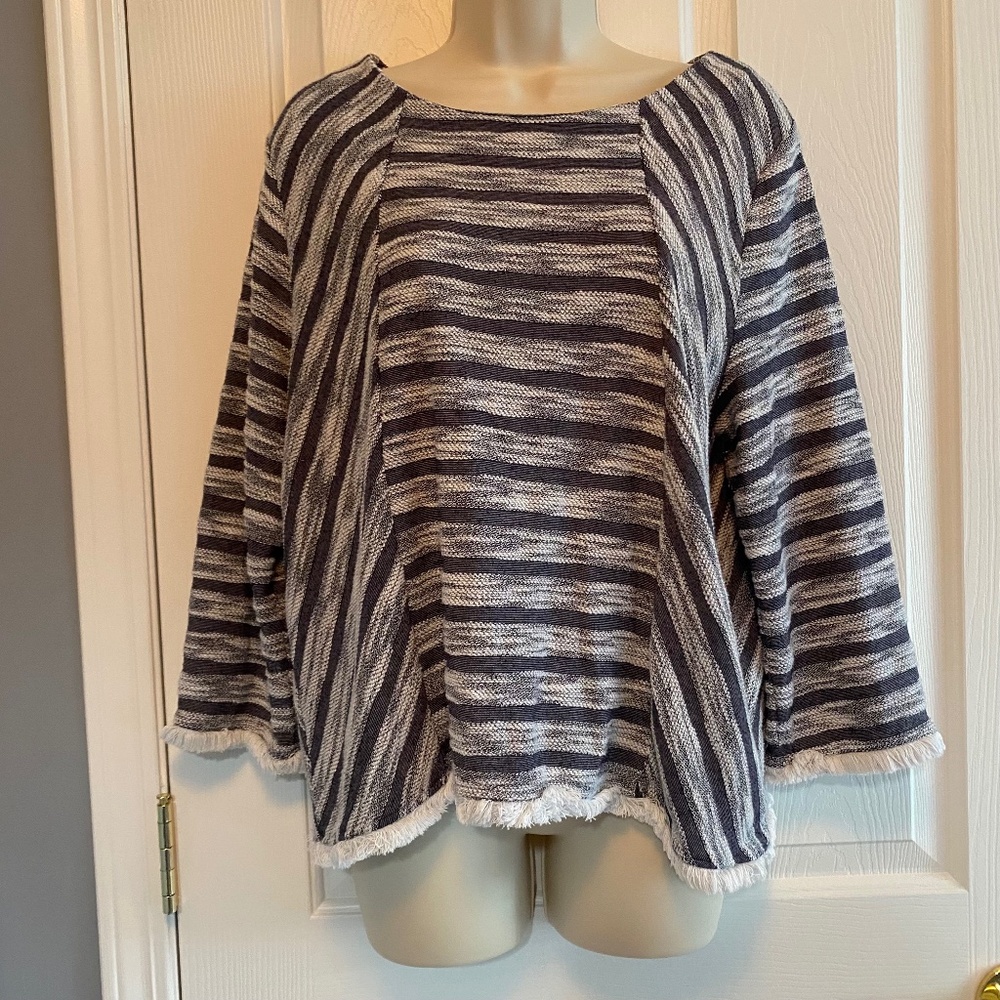 BUY 2 ITEMS GET 1 FREE - Chico’s White Heather and Blue Striped Fringed Top Sz L